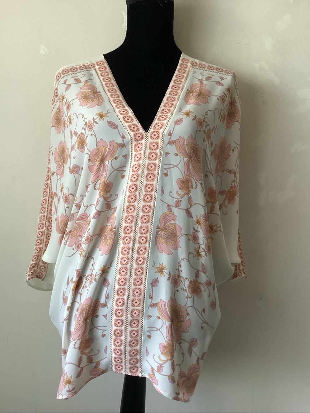 Rose and Olive Floral V-Neck Blouse -Cream with tan and orange Floral print